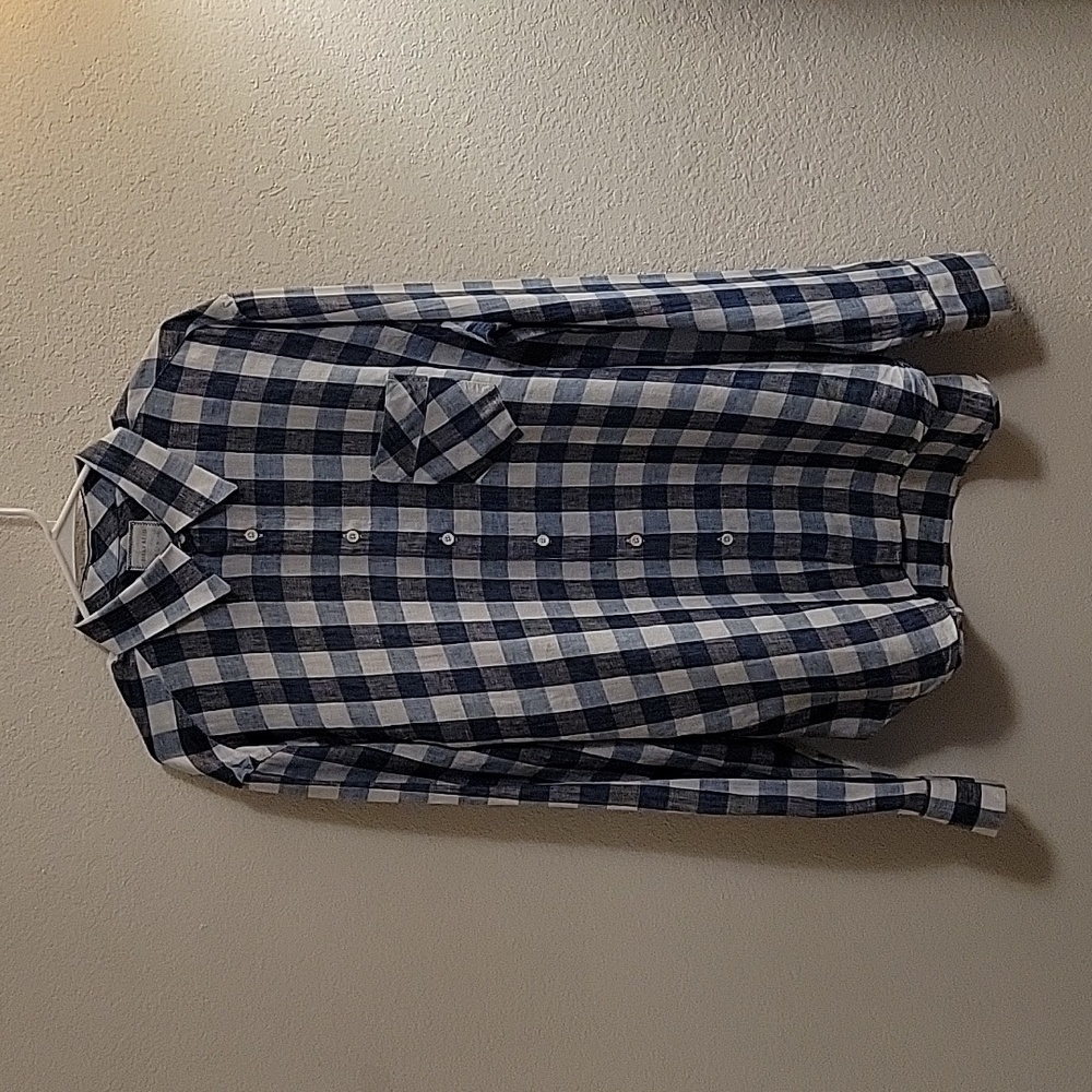 Billy Reid Linen Standard Cut Button-down Shirt - Navy Plaid - Large